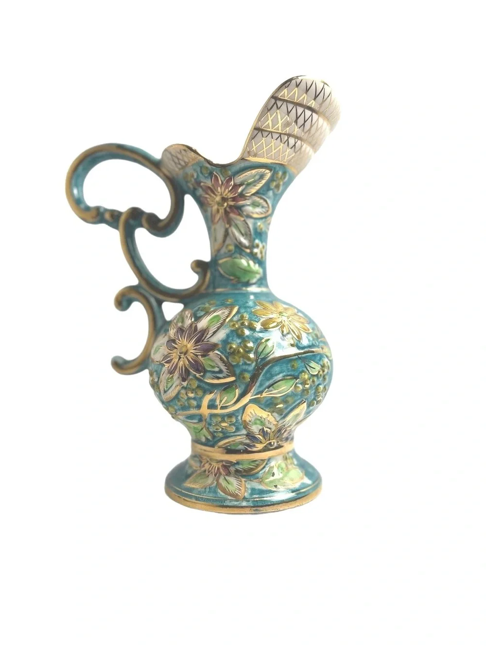 Vintage H Bequet Quaregnon Decorative Floral Pitcher Vase with Gold Accents